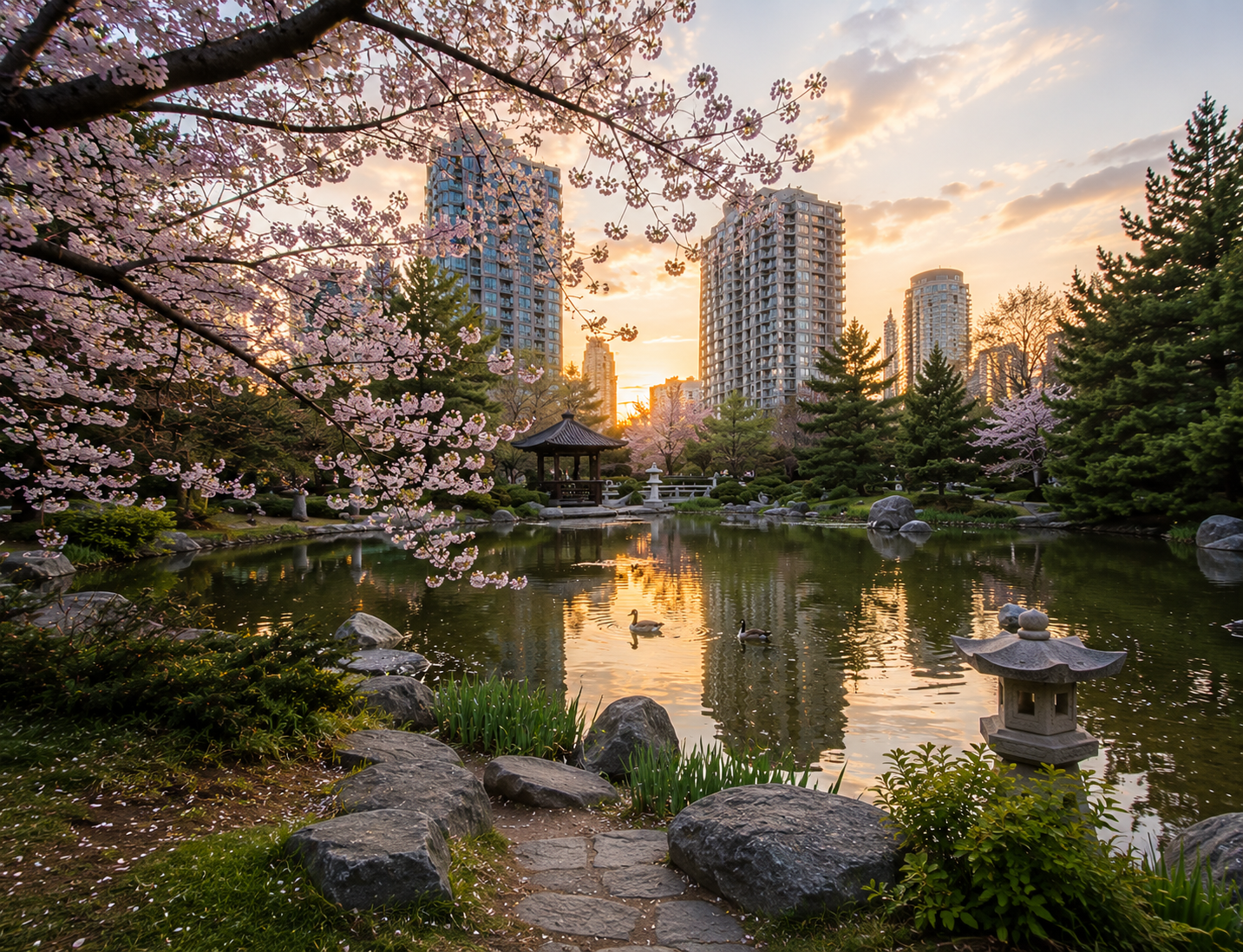 Cherry blossoms framing a pond in kariya park at sunset with city high-rises in the background.