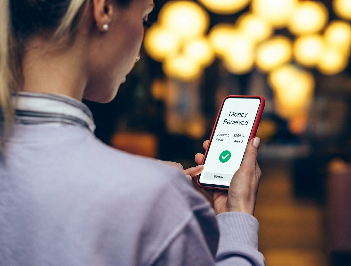Over-the-shoulder view of a woman holding a smartphone displaying a "Money Received" screen.
