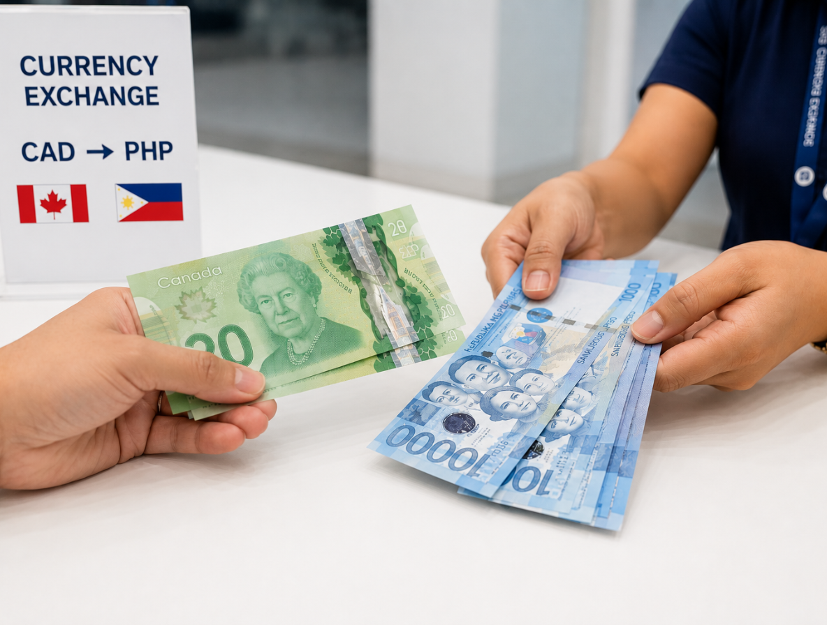 Hands exchanging Canadian dollars for Philippine pesos at a mall currency exchange counter indoors
